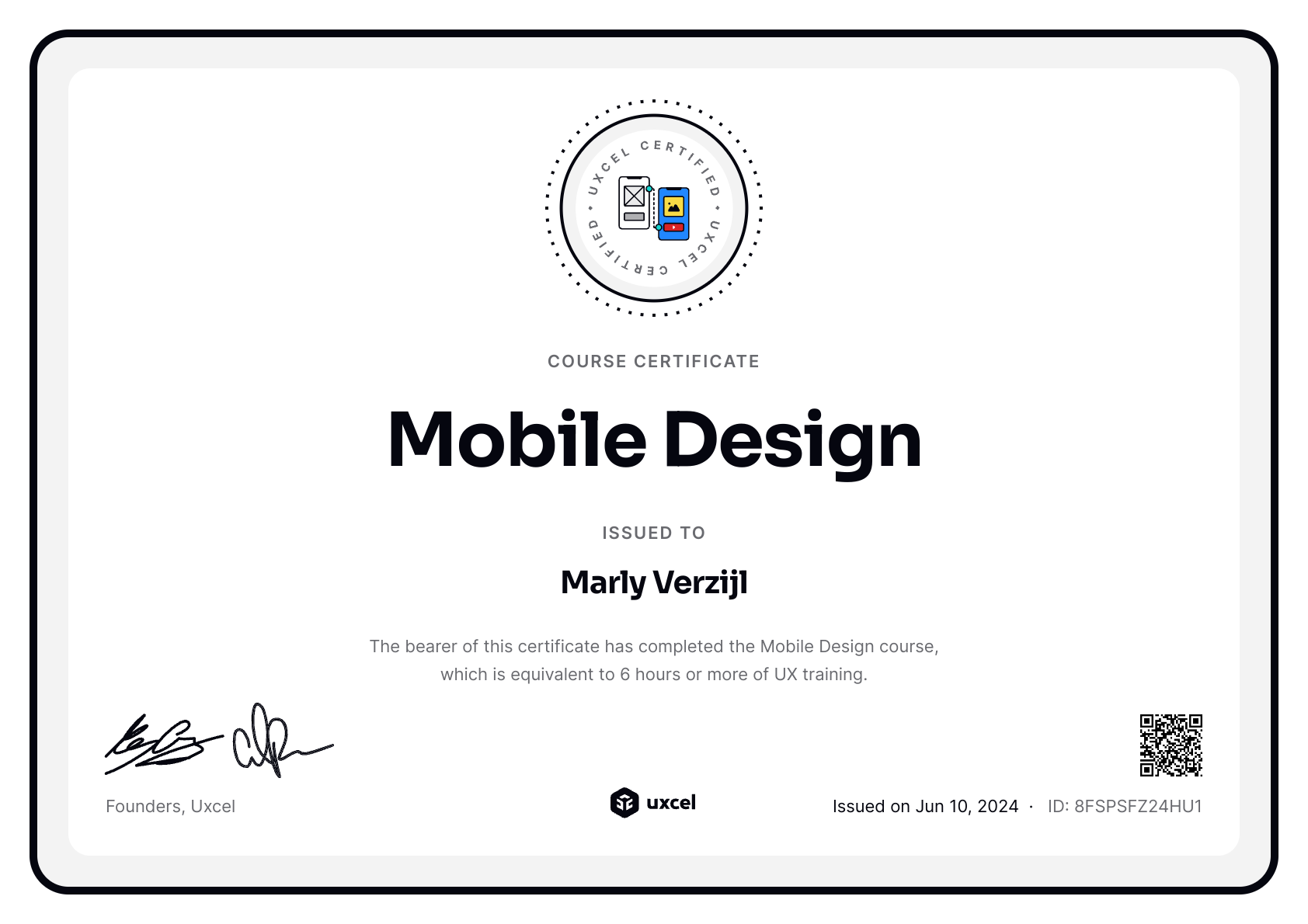 Marly Verzijl's certificate